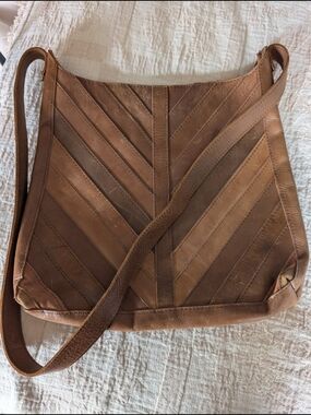 Chevron Patchwork Leather Crossbody Bag - Brown
